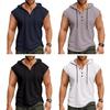 Men Vest Hooded Drawstring Sleeveless Tops Solid Color T-Shirt with Wide Shoulder