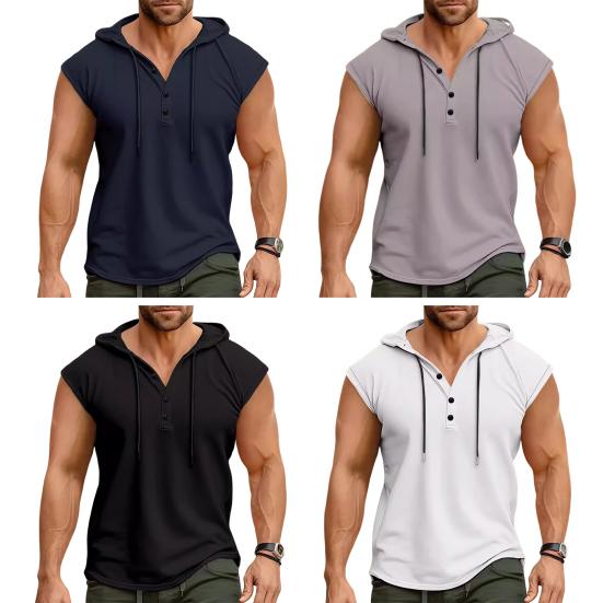 Men Vest Hooded Drawstring Sleeveless Tops Solid Color T-Shirt with Wide Shoulder