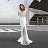 2025 Summer Autumn Women's Sheer Mesh Wedding Dress, Sexy V-Neck Long Sleeve Gown With High Slit, White See-Through Bridal Dress For Formal Events
