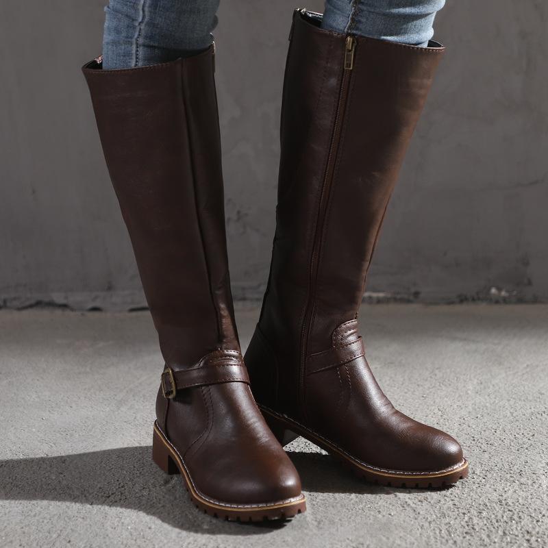 Women Knee High Boots Fashion Low Heels Square Platform Long Boots Brown Black Leather Zip Winter Women Warm Shoes Booties
