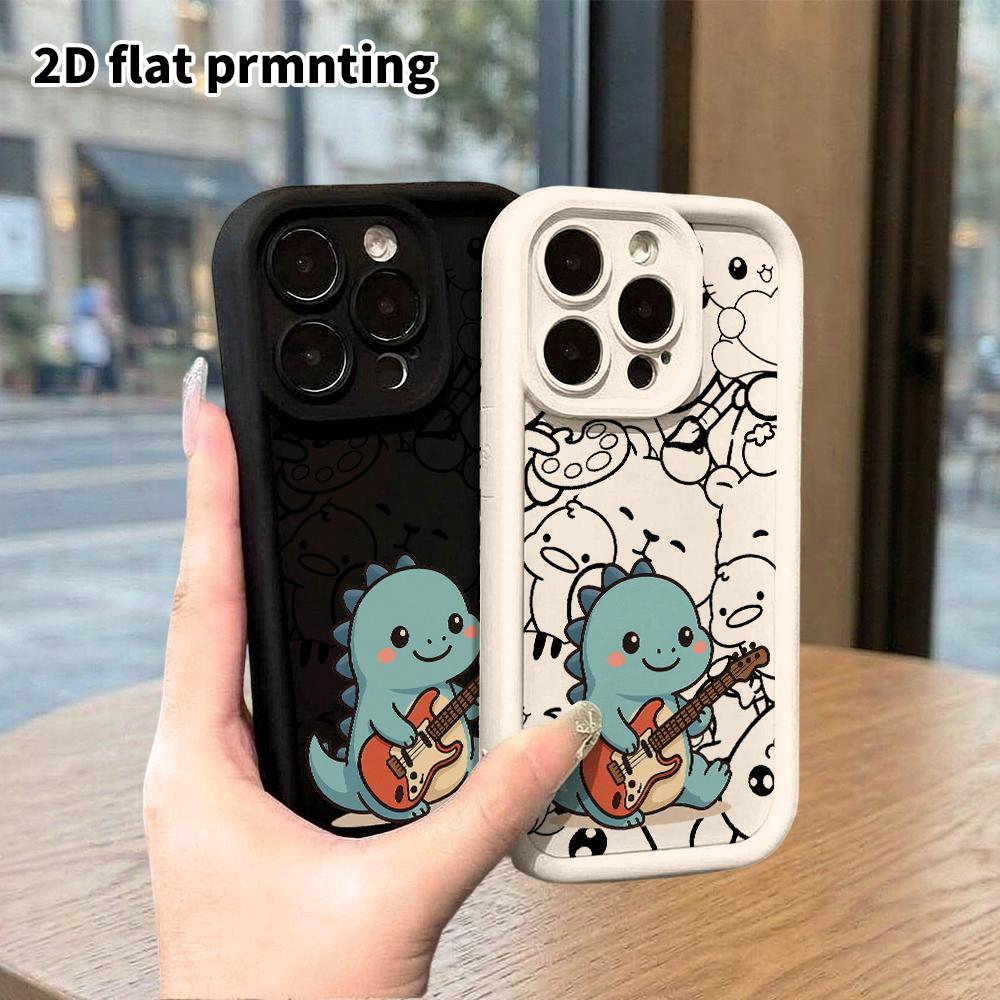 Phone case: 2D flat design, suitable for iPhone 18 17 16 15 14 13 Pro protective case, guitar little dinosaur, perfect Christmas and Halloween holiday