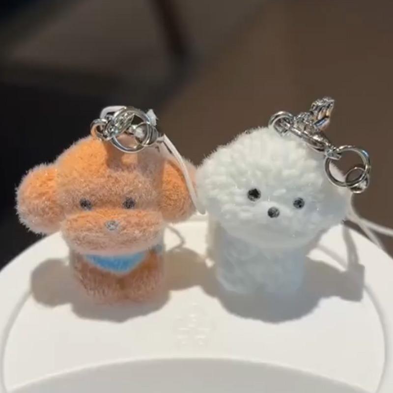 4pcs 3D Mini Cute Plush Dog Keychain Flocking Animal Pendants Phone Keyrings Lanyard Hanging Charm Bag Pendant Couple Key Chains