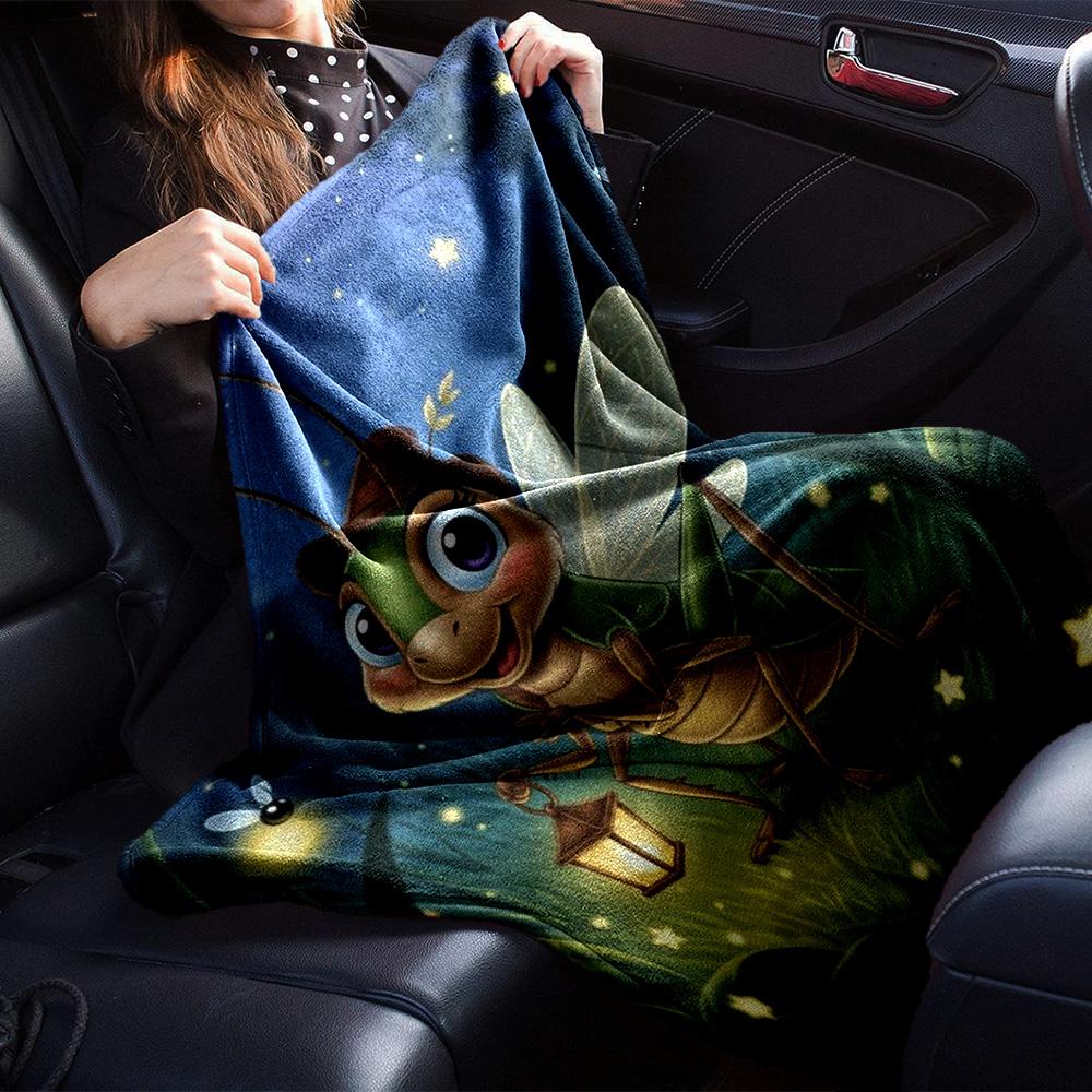 Cute Cricket Holding Lantern Firefly Starry Night Grassland Print Flannel Blanket Soft Warm Throw Blanket For Sofa Bedroom