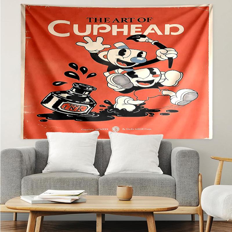 Cuphead Tapestry for Bedroom Aesthetic Classroom Tapestries Wall Hanging for Living Room Dorm Office,Ideal Creative Gift