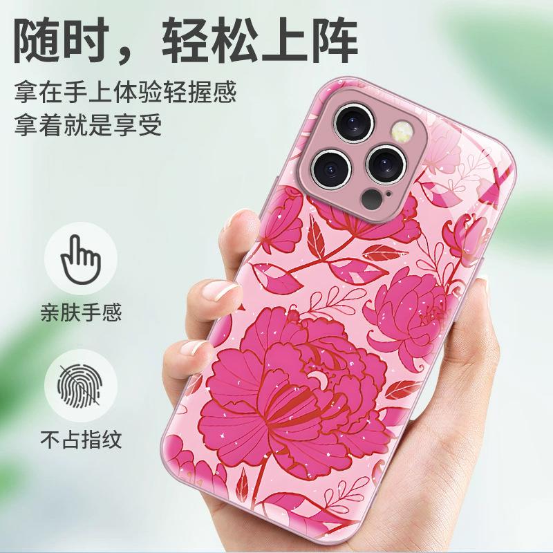 Неветер, национальный стиль, красный цветок пиона чехол для iPhone14, Apple 17Pro приятный на ощупь, Эпоксидный противоударный чехол.