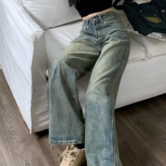 Женские джинсы с высокой талией, застежка-молния и пуговицы, сплошной цвет, свободные широкие брюки длиной до пола, ретро-стрессовые прямые карманы, мягкие цветные женские джинсовые брюки