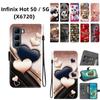 Handmade PU Leather Flip Case for Infinix Hot 50 / 5G (X6720) Anti-Slip Shockproof Cover with Wrist Strap & Heart/Rose Cat Designs