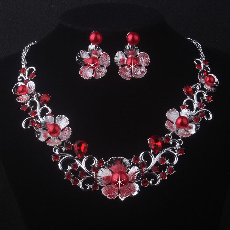 Bridal accessories: navy blue, purple, red, flower shaped beads necklace, earring set, women's wedding set, stage performance, e