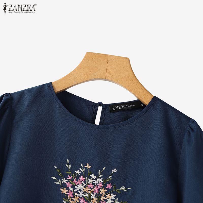 ZANZEA Женская повседневная блузка с круглым вырезом, рукавом 3/4 и цветочной вышивкой