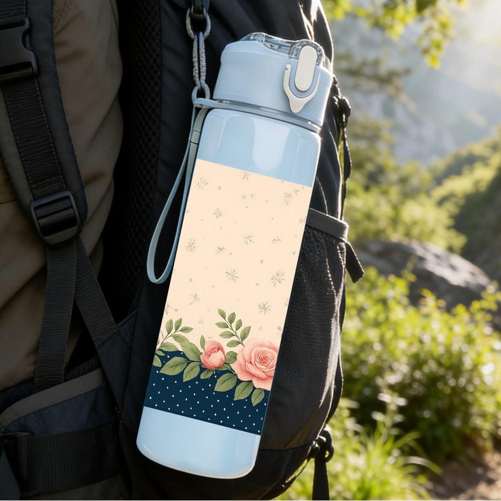 1PC Beige Vintage Floral Texture 750ml Color Plastic Sports Water Bottle Leakproof Flip Straw Lid Suitable for Sports Office Home Use
