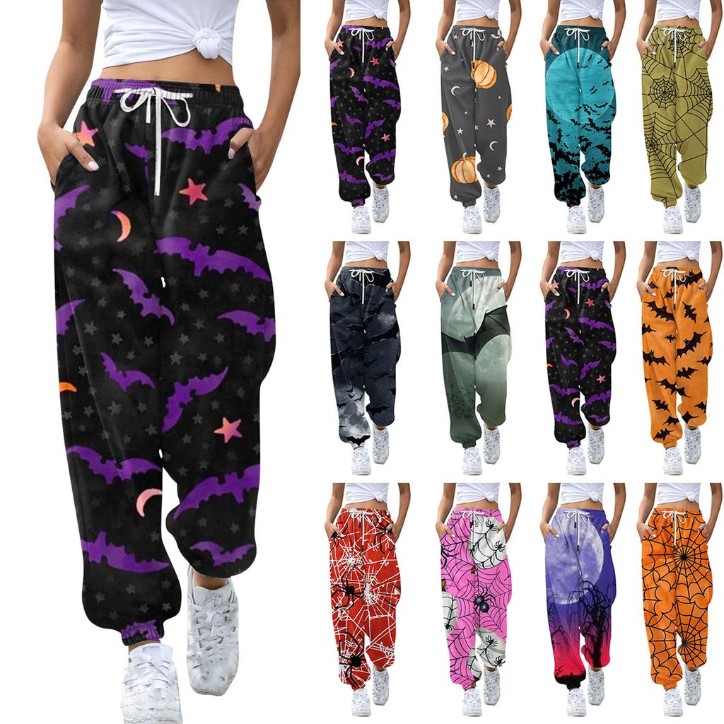 Women's Casual Fashion Halloween Printed Leisure Pants Sweatpants Trousers Drawstring Elastic Waist Drawstring Drawstring Pants