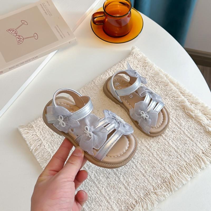 Girls Sandals With Bow Detail Open Toe PU Princess Shoes Beach Outdoor Casual Wear
