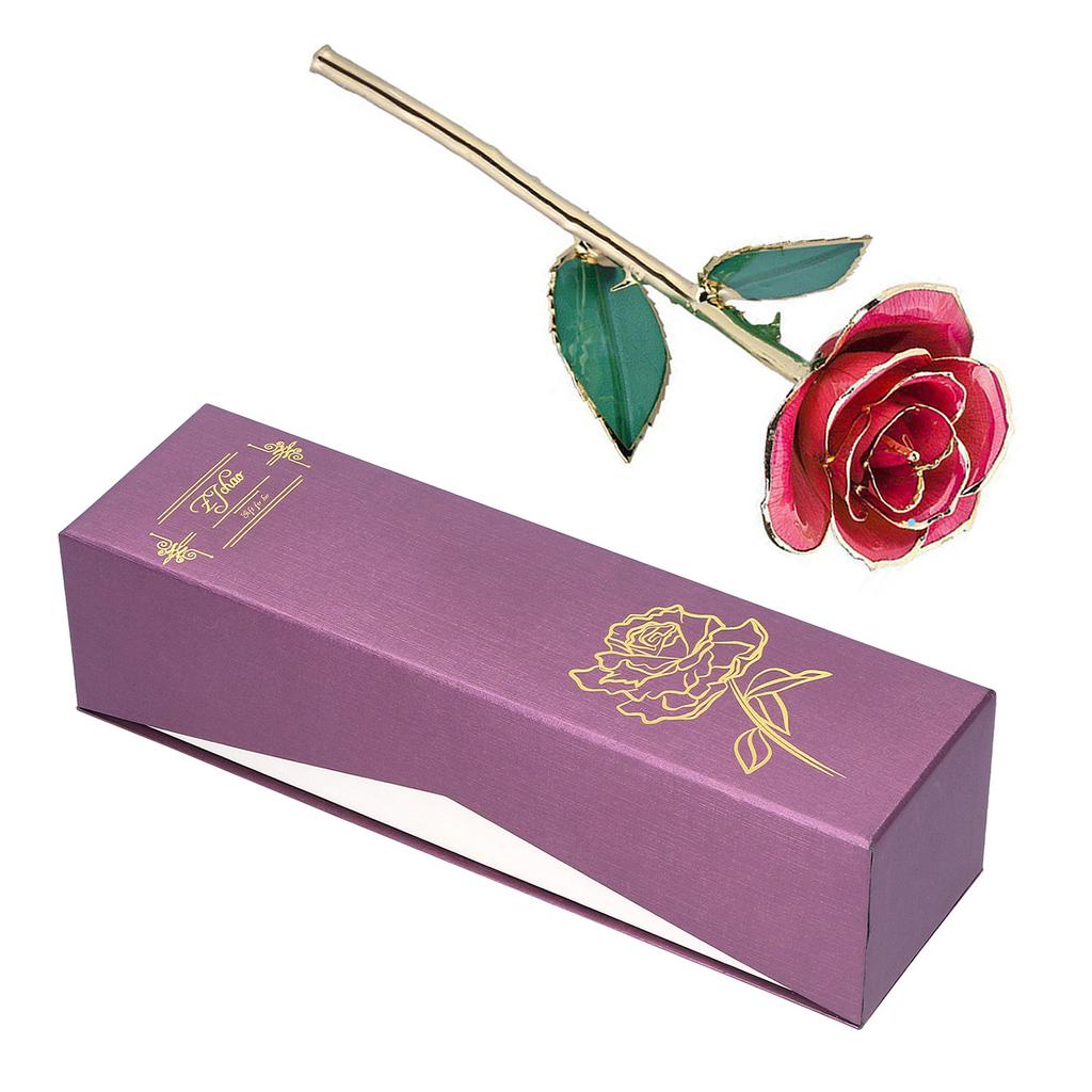 Позолоченный цветок розы 24 карат с розовым зеленым листом для украшения подарка на День святого Валентина с основанием