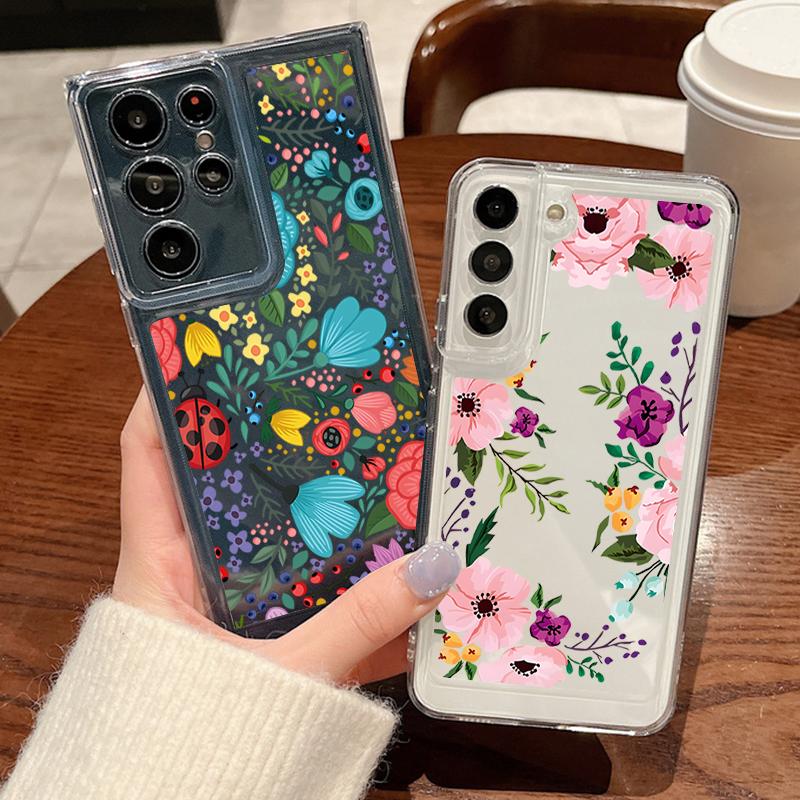 Flower Print Transparent Phone Case For Samsung Galaxy S25 S24 S22 Ultra S23 S24 FE A17 A56 A16 A36 A26 A55 A15 A25 A54 5G Shockproof Soft Back Cover