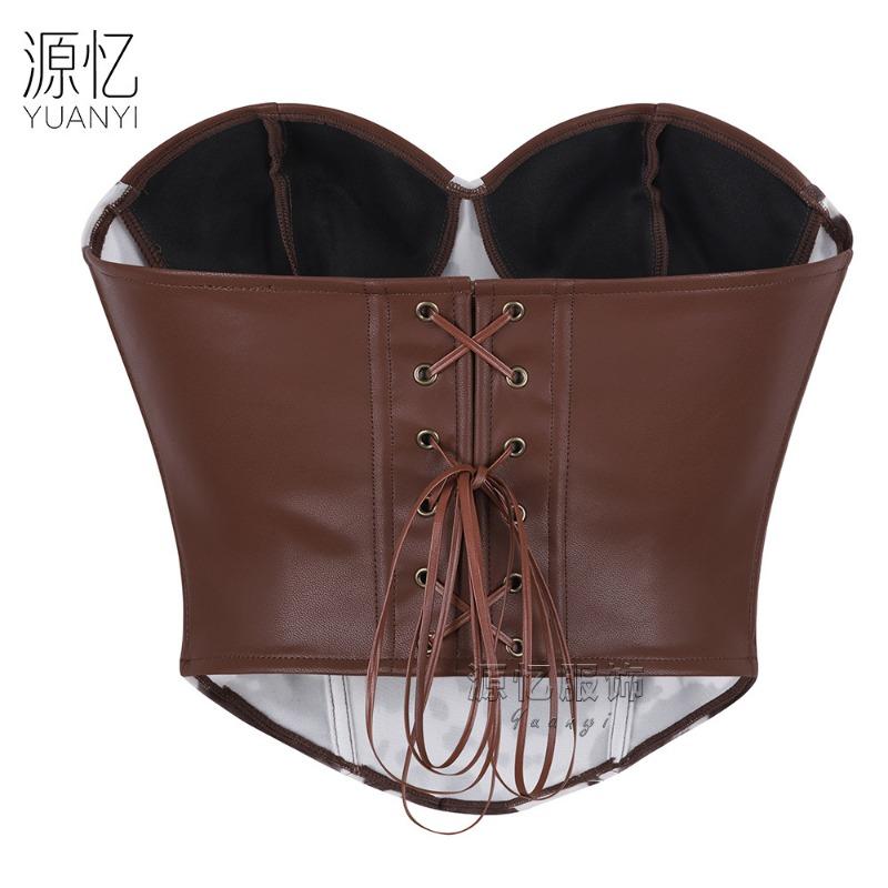 Women S Retro Cow Print Pu Leather Paneled Corset Bustier Slimming Shapewear