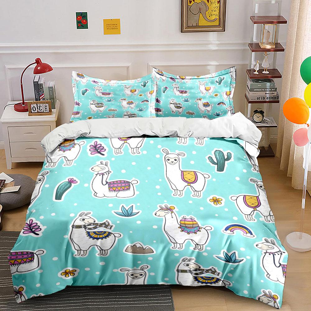 Cute Llama Cactus Rainbow Print Bedding Duvet Cover Set (1*Duvet Cover 2*Pillowcases, without duvet insert)