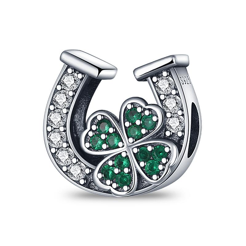 925 Silver Green St Patricks Clover Pendant DIY Charm Beads for Bangle Charms Bracelet Women Jewelry