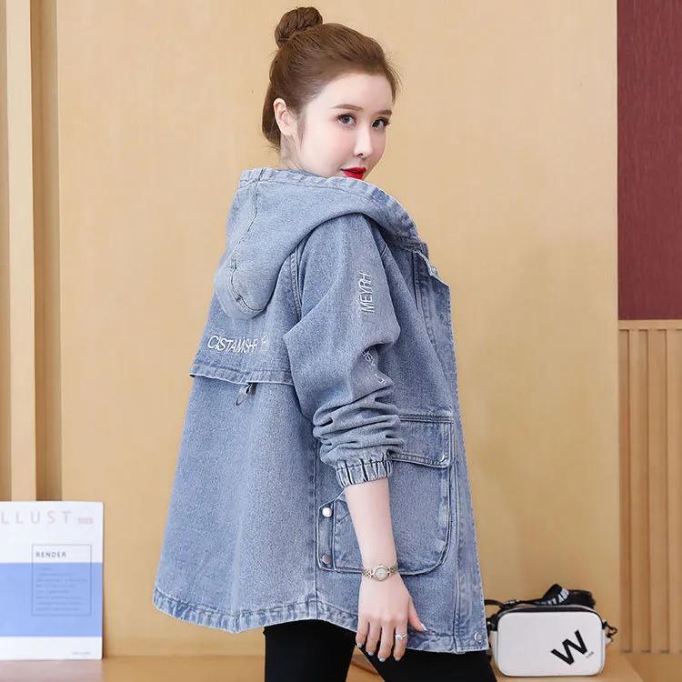 Women's Loose Spring and Autumn Embroidered Hooded Casual Denim Jacket Korean Mid-length Denim Coat