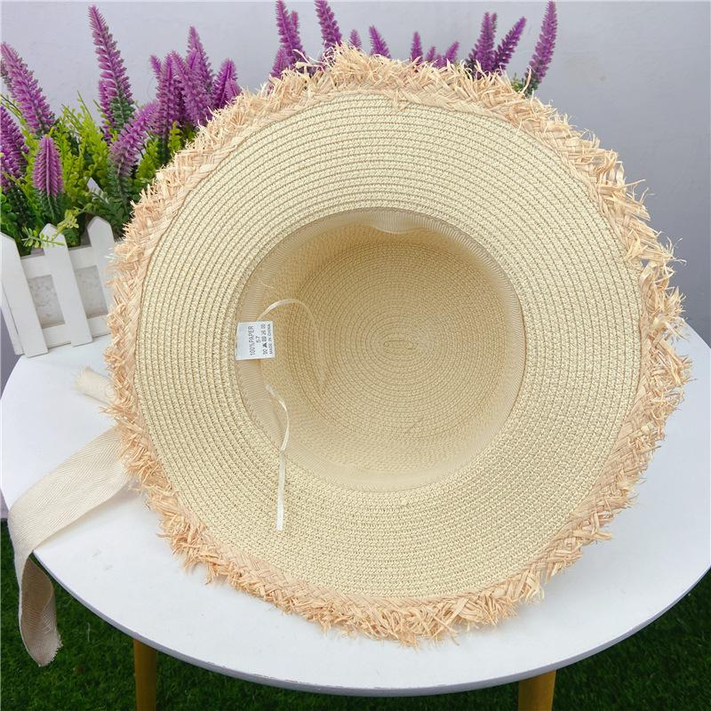 Соломенная шляпа с бантом на ремне для женщин с милыми и элегантными краями с бахромой, солнцезащитная соломенная плетеная шляпа с плоским верхом для лета