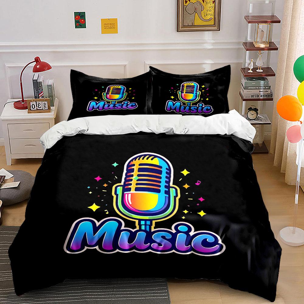 Colorful Retro Microphone with "Music" Print Bedding Set Duvet Cover Pillowcases (1* Duvet Cover 2* Pillowcases Do Not Include Comforter)