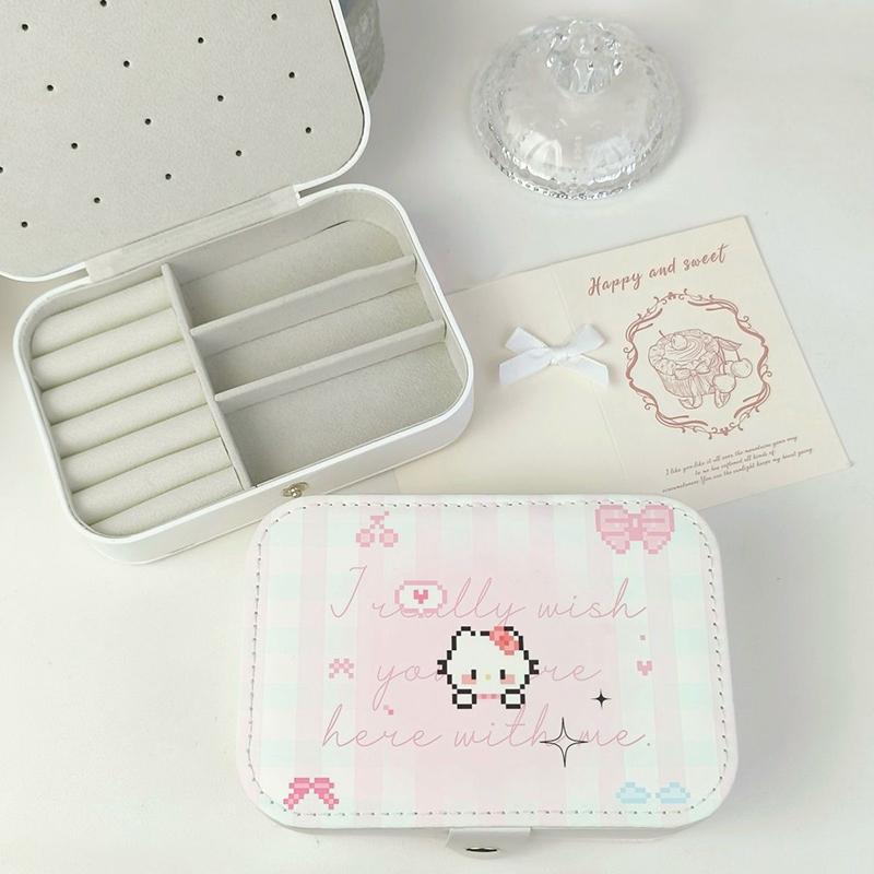 Кавайи Хелло Китти Шкатулка для украшений Серьги Портативная Кольцо для necklaces Милая ПУ Кожаная Коробка для хранения Дорожная Мини Компактный Аксессуар