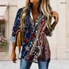 Women Plus Size Collared Long Sleeve Leaf Printed Shirt Button Front High Low Curved Hem