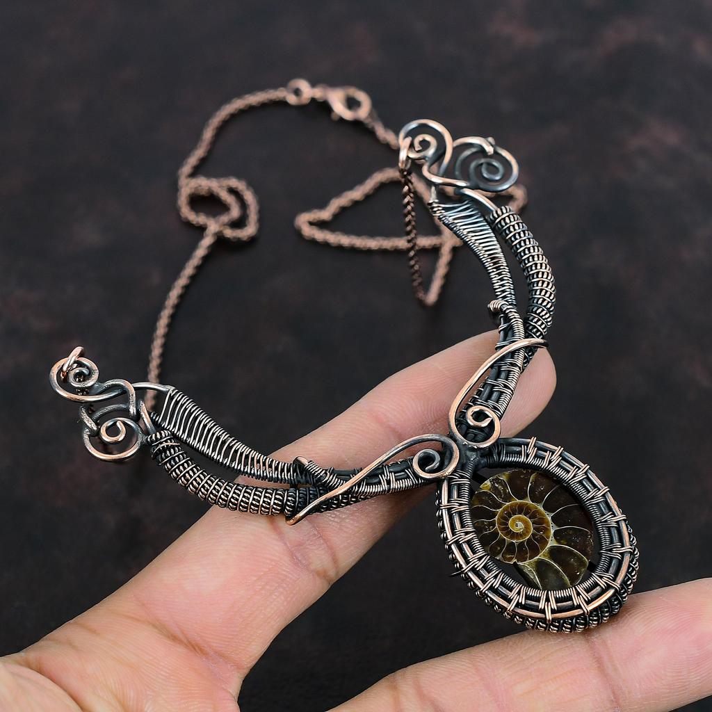 Ожерелье из окаменелости аммонита, ожерелье из медной проволоки, ювелирные изделия ручной работы из медной проволоки, ожерелье из драгоценных камней, ювелирные изделия из окаменелости аммонита, подарки для женщин