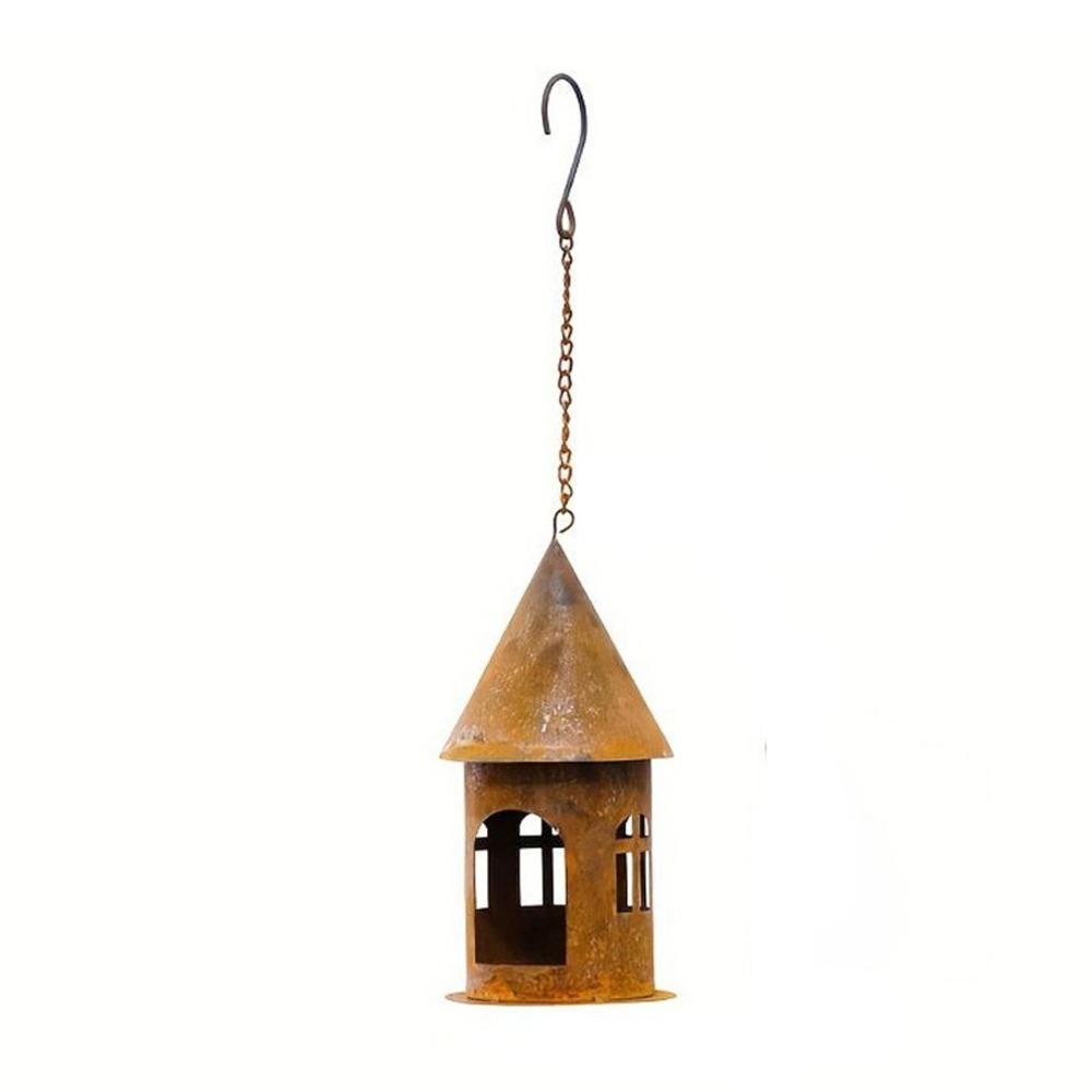 Iron Hanging Castle Candle Holder Rustic Hanging Bird Feeder Rusty Castle Candlestick for Garden