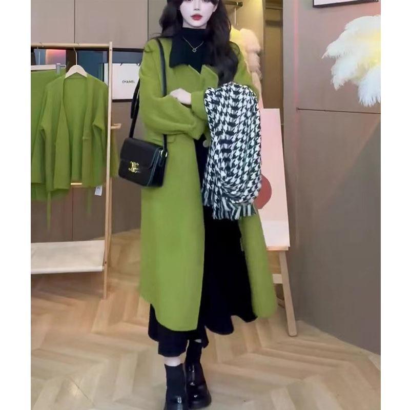 Пальто шерстяное средней и длинной длины цвета авокадо в стиле французской Хепберн, нежное модное красивое пальто типа H