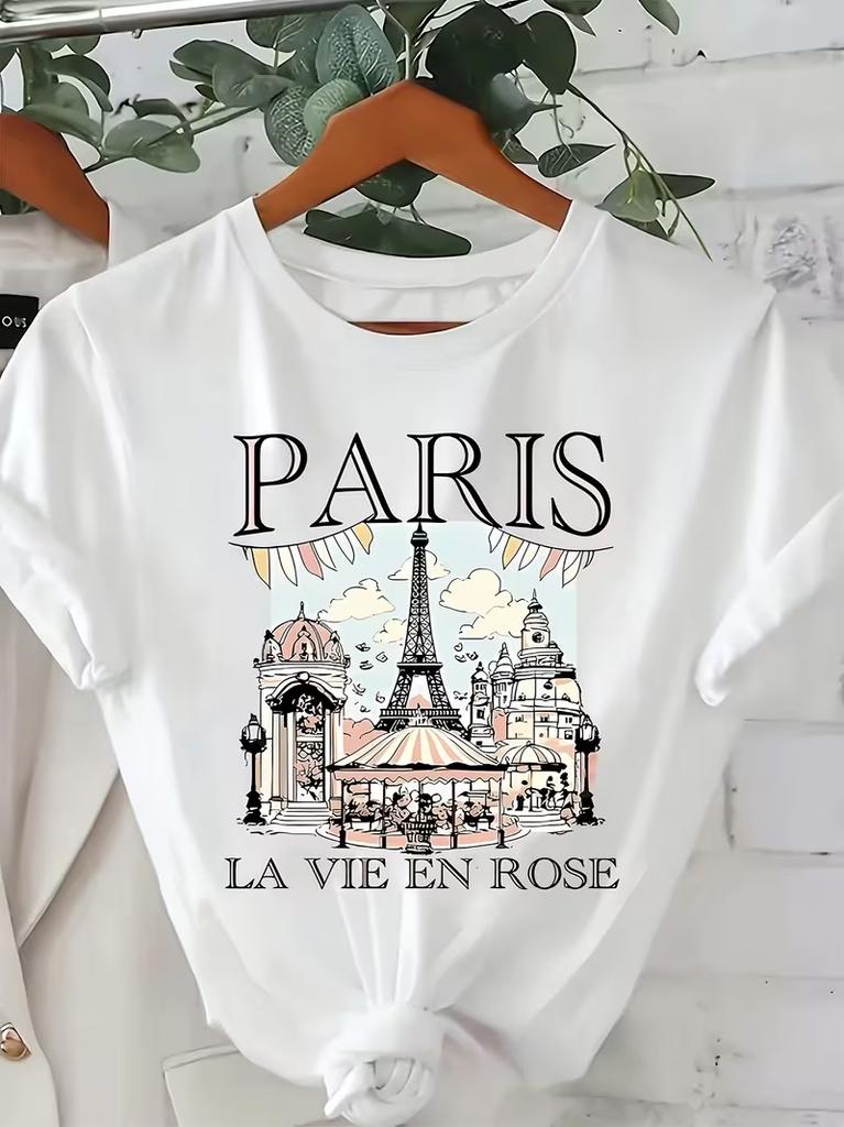 Paris City Line Art Tshirt Minimalist French Skyline Print Short Sleeve Tops Unisex Casual Everyday and Vacation Wear
