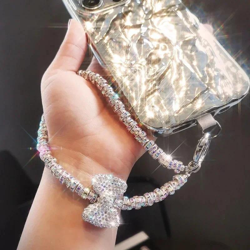 Short Diamond Studded Bow Mobile Phone Lanyard Wristband Shiny Lanyard IPhone 16 Case Key Universal Rope Bag Body KitJewelry