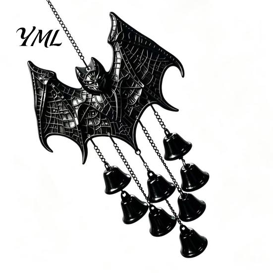 Halloween Atmosphere Party Supplies Gothic Bat Metal Wind Chime, Hanging Ornament with Multiple Bells, 3D Durable Black Chime Embossed Decor