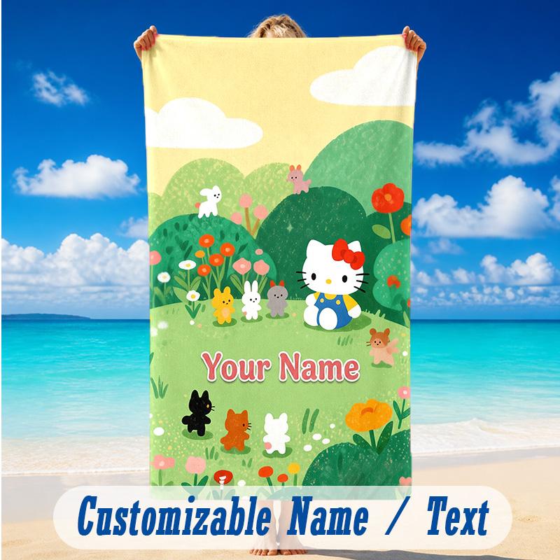 Beach Towel Custom Name Text, Quick Dry Large Towel For Beach HomeHello Kitty
