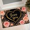 1pc Flannel Floor Mat with Floral Rose Golden Heart and "Love You" Text, Entrance Doormat for Bedroom and Bathroom, Non-Slip Absorbent Mat, Black Base