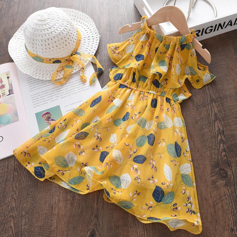 Girls Summer Leaf Print Chiffon Sleeveless Dress Bohemian Vacation With Hat Set