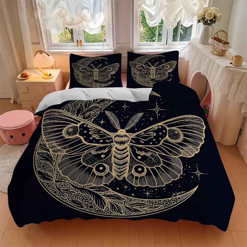 3pcs Moth & Moon Bedding Set - Includes Quilt Cover and Pillowcases, Suitable for All Seasons L072