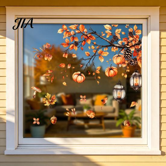 Party Decoration Stickers for Glass Autumn Static Window Sticker with Cute Animals & Maple Leaves, Removable Harvest Decorations Festival Clings,