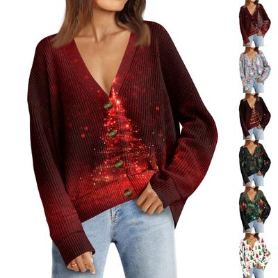 Женский модный кардиган с длинным рукавом, принтом, V-образным вырезом, на пуговицах, свободного кроя