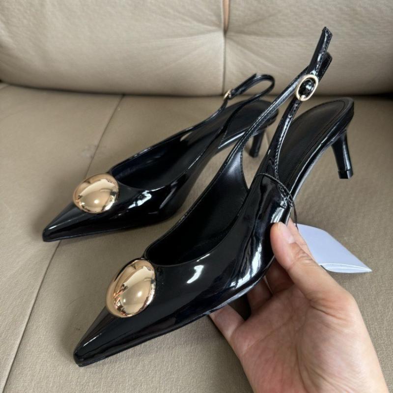 Sexy Pointed Toe Pumps Sandals for Women Metal Buckle Shallow Patent Leather Mules Elegant High Heels Female Sandalias