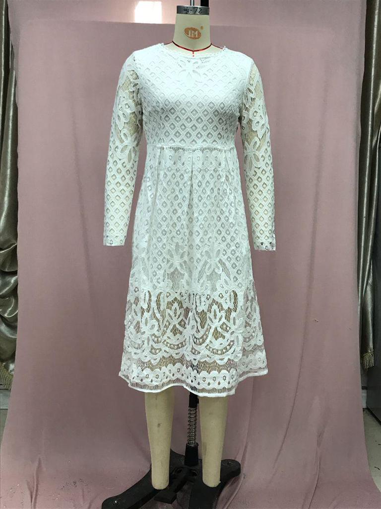 2025 Autumn Women's Lace Hollow Round Neck Slim Dress