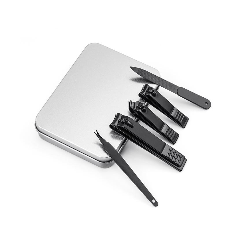 5 in 1 Black Nail Clippers Tool Travel Grooming Case Gift Box Nail Scissors Set With Nail File and Cuticle Fork