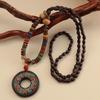 Vintage Lucky Gift Handmade Ethnic Jewelry Mala Wood Bead Nepal Necklace Horn Fish Pendant Buddhist