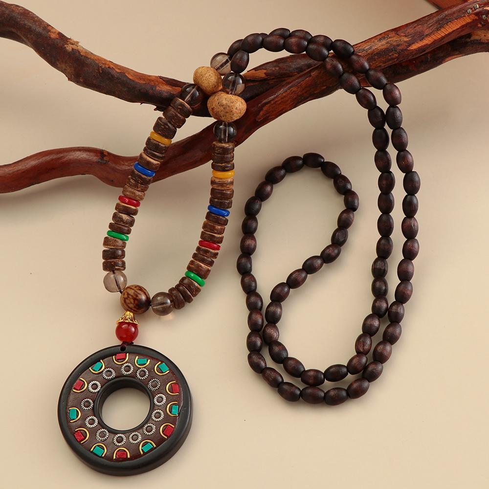 Vintage Lucky Gift Handmade Ethnic Jewelry Mala Wood Bead Nepal Necklace Horn Fish Pendant Buddhist