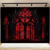 Flat 2D, 1 piece black and red retro gothic banner background fabric with stained glass window design - Halloween Party Decoration