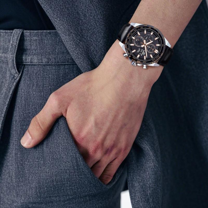 Casio EDIFICE 100 метров водонепроницаемость, отображение даты и дня недели, Кварцевый, кожаный ремешок, , мужские часы, черный циферблат EFR-574BL-1AV