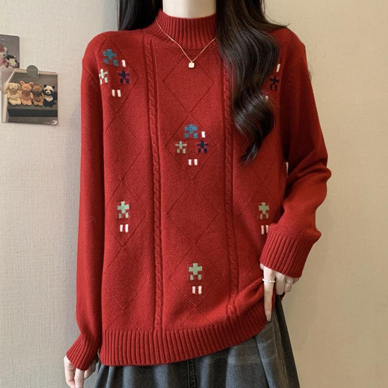 Women's Knitted Sweater Semi High Neck Long Sleeved Base for Autumn and Winter Thick Loose Top