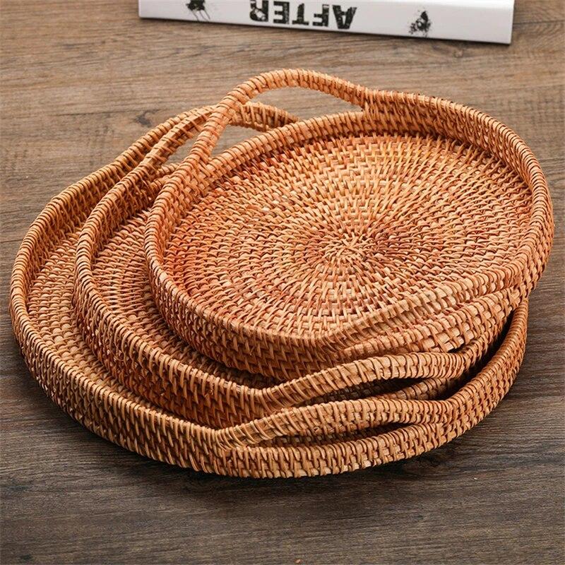 D5 Ротанг Ручная работа Настоящий ротанг Фруктовая корзина Корзина для закусок и хлеба Поднос Гостиная Закуски Мелочи Круглая корзина для хранения Фруктовый поднос
