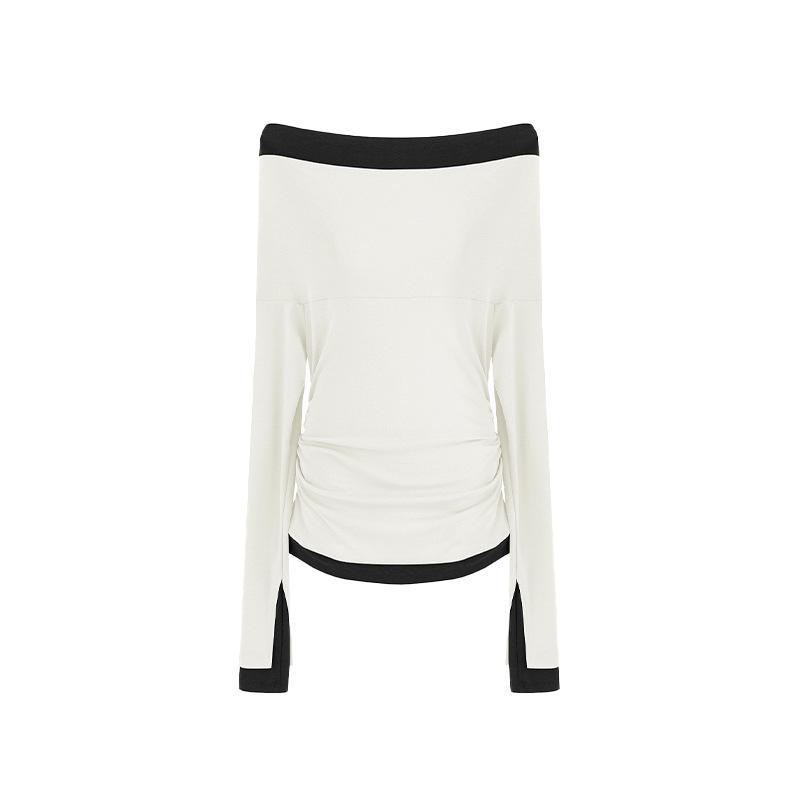 Tencel Wool Y2K Off-Shoulder Color Block Slimming Stacked Sleeve Panelled Top for Women
