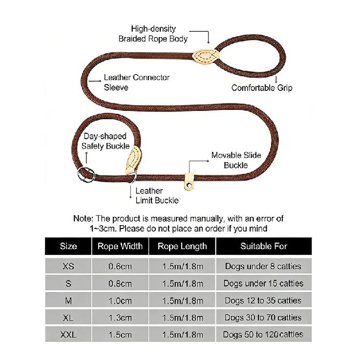 1.8M Dog Leash Slip Rope Lead Leash Heavy Duty Braided Rope Adjustable Loop Collar Training Leashes for Medium Large Dogs