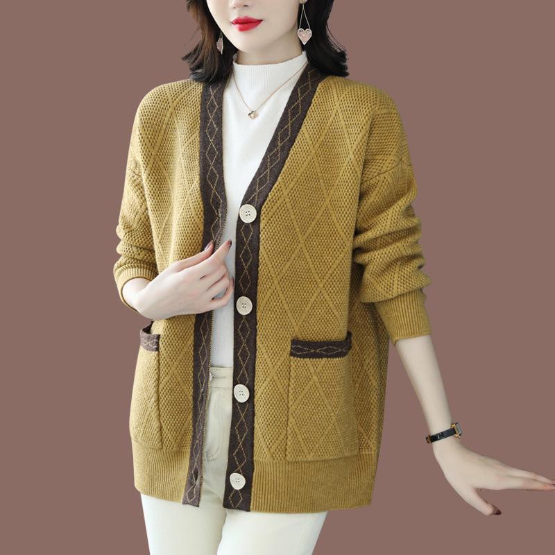 Вязаный кардиган Женский свитер-жакет Весна и осень Свободный свитер с V-образным вырезом Топ